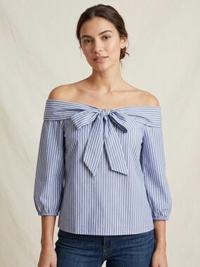 Pleione Blue & White Striped Off-Shoulder Bow Top